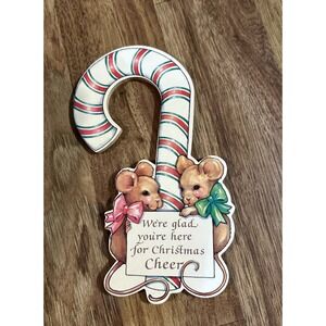 Vintage 1988 Dankin hanging wood Door Hanger Mice And Candy cane Super Cute sign